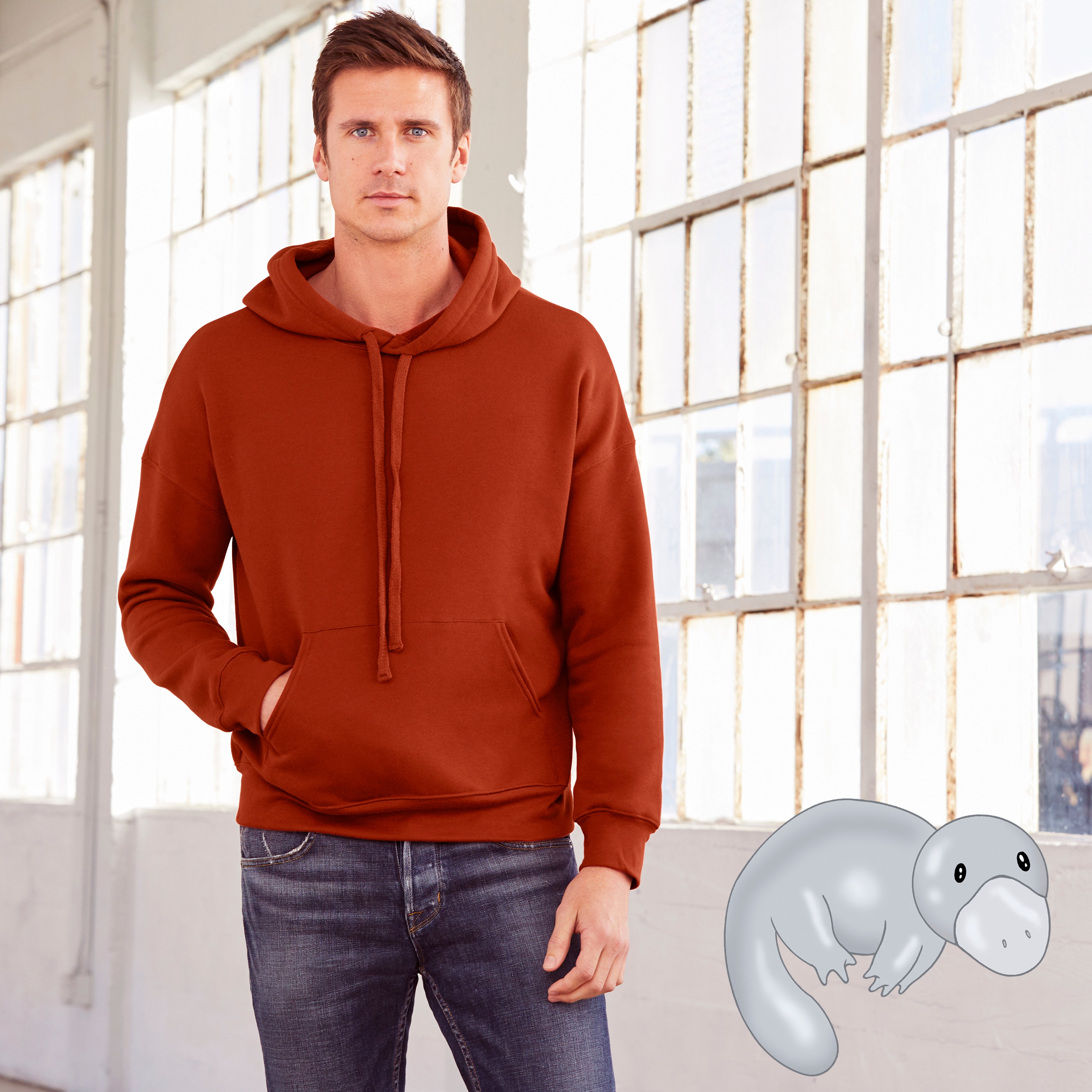 new-product-soft-sweatshirt-cozy-warm-brick-dark-red-rust-color-sunset-orange-burnt-crimson-hoodie-face-mask-Plats-Hoodie-facemask-all-in-one-convertible-plats-hoodie-platinum-platypus-guy-millennial-boy-man-beautiful-eyes-blue-green-young-cute