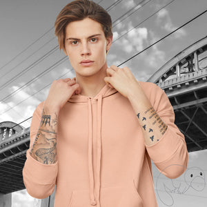 new-product-soft-sweatshirt-cozy-warm-peach-pink-light-orange-hoodie-face-mask-Plats-Hoodie-facemask-all-in-one-convertible-plats-hoodie-platinum-platypus-guy-millennial-boy-man-beautiful-eyes-blue-green-brown-blonde-hair-young-cute