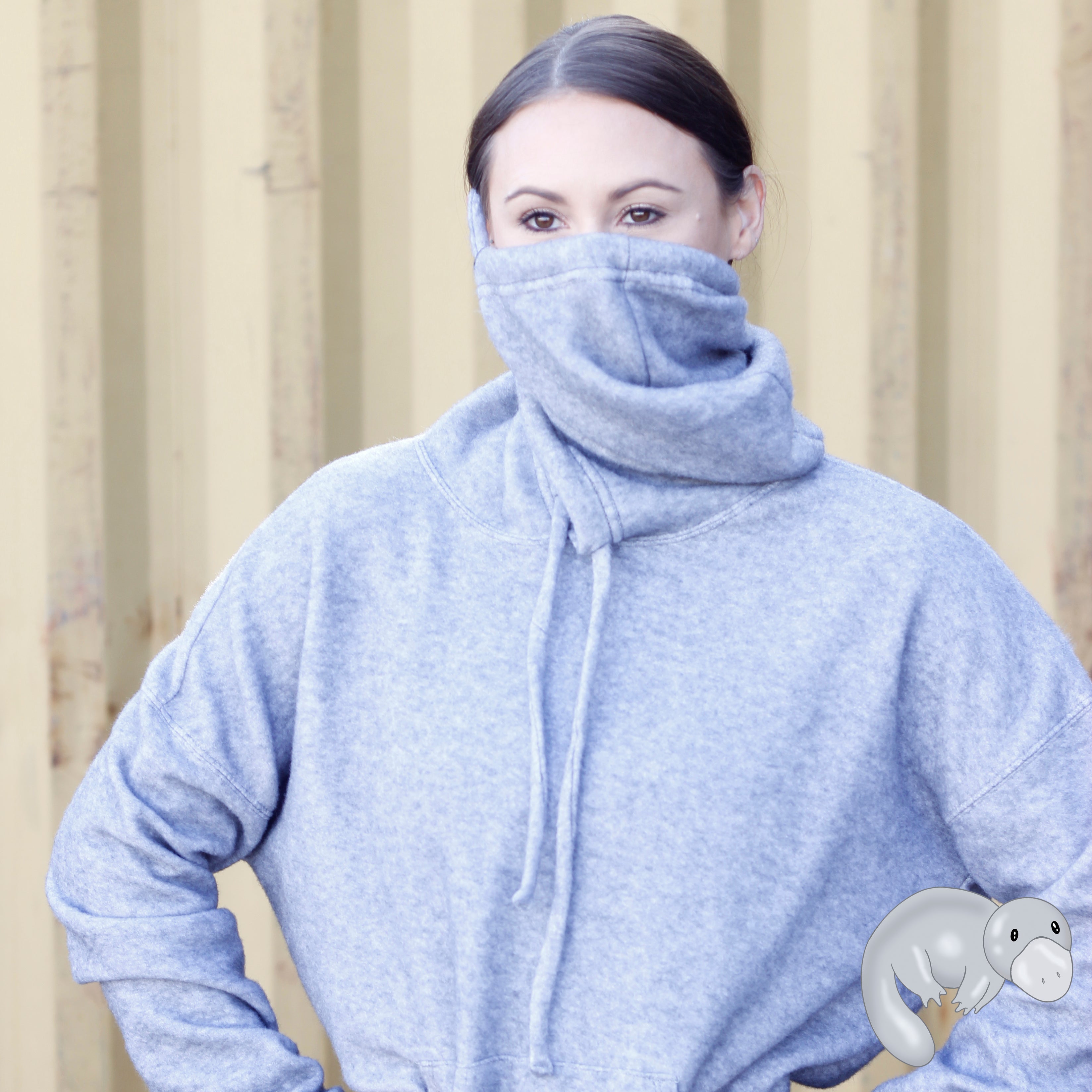 girl-cute-pretty-beautiful-young-millennial-sweatshirt-grey-light-fuzzy-soft-hoodie-face-mask-Plats-Hoodie-facemask-all-in-one-convertible-plats-hoodie-platinum-platypus-new-product