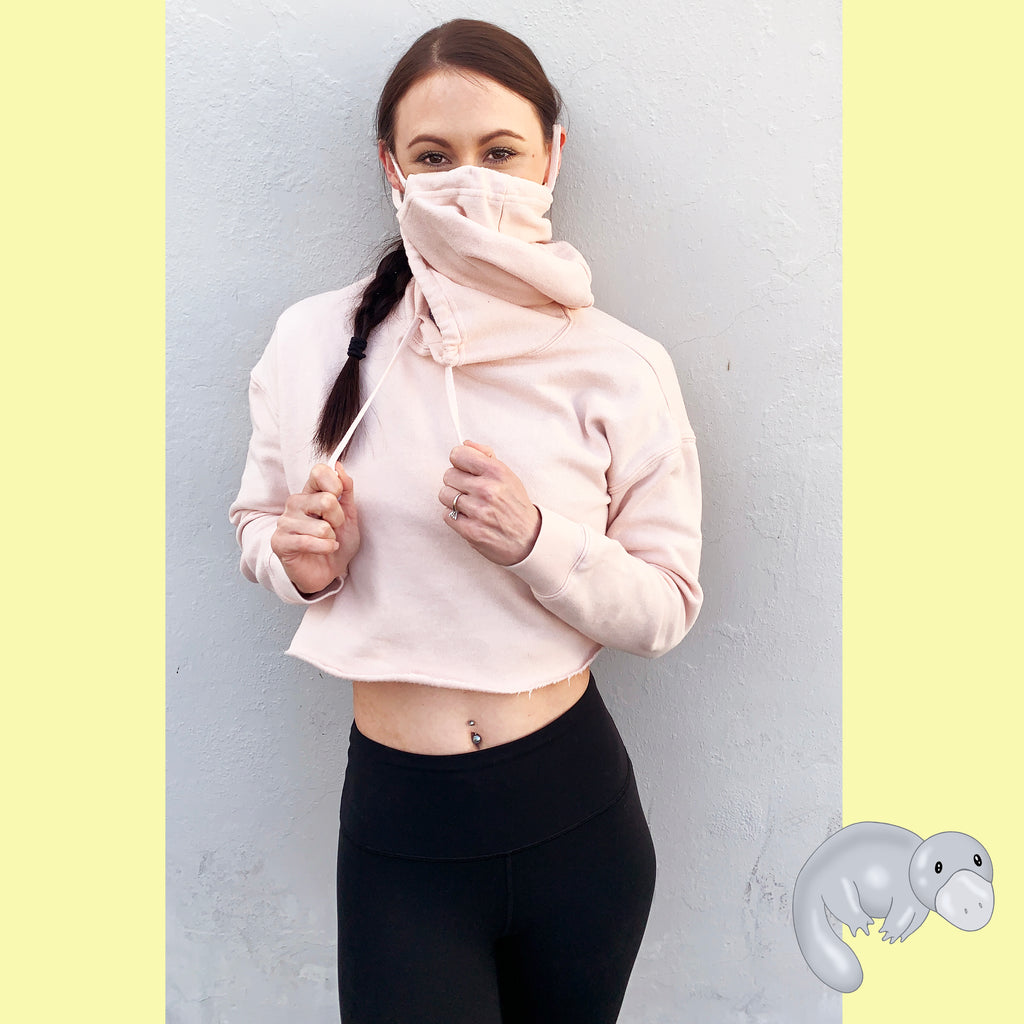 beautiful-pretty-cute-millennial-girl-hooded-sweatshirt-pink-crop-light-blush-braid-brunette-soft-hoodie-face-mask-facemaskhoodie-Plats-Hoodie-facemask-all-in-one-convertible-hoodiefacemask-platinum-platypus-new-product